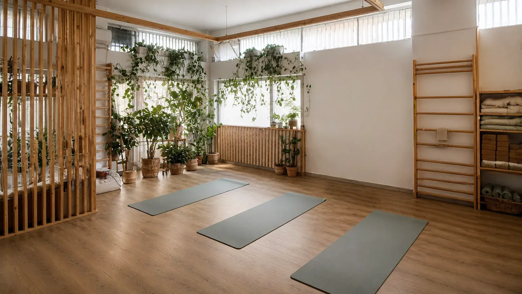 La sala di pratica dello studio di yoga Fiorire in via Lazio a Pescara, con pavimento in rovere, pareti in doghe di pino e luce naturale dalle finestre alte.
