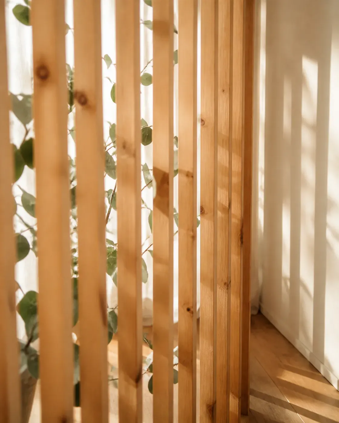 Luce naturale che filtra tra le doghe in pino dello studio di yoga Fiorire a Pescara.