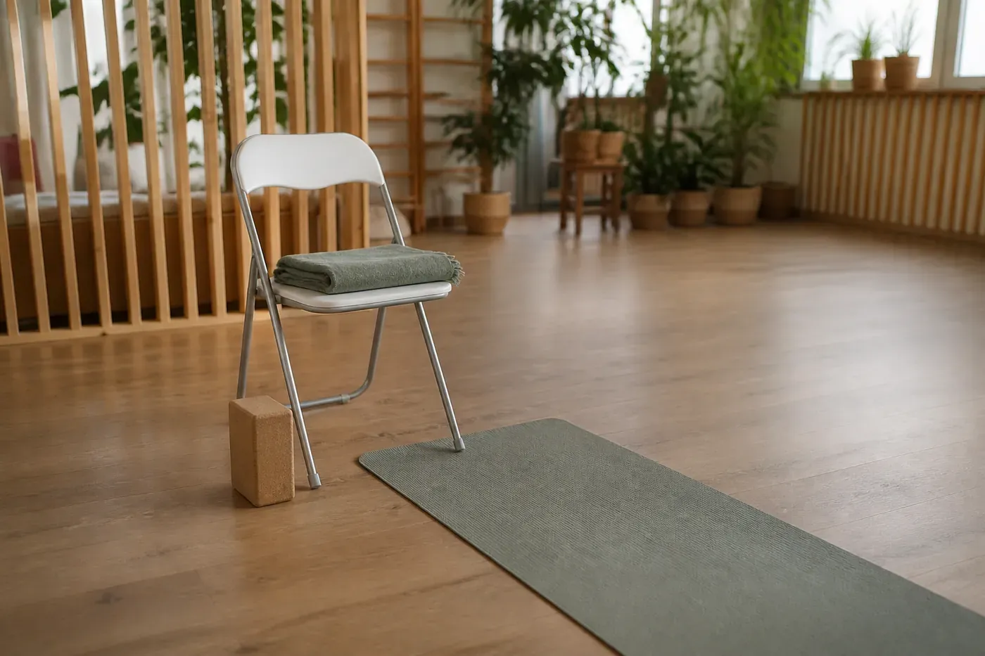 Una sedia pronta per una lezione di ginnastica posturale e yoga sulla sedia allo studio Fiorire in via Lazio a Pescara.